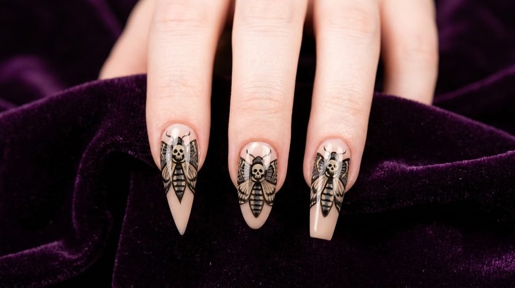 A close-up comparison showing a Death's-Head moth design painted on three different nail shapes: stiletto, almond, and coffin. Hands with very white skin against a luxurious eggplant purple background.