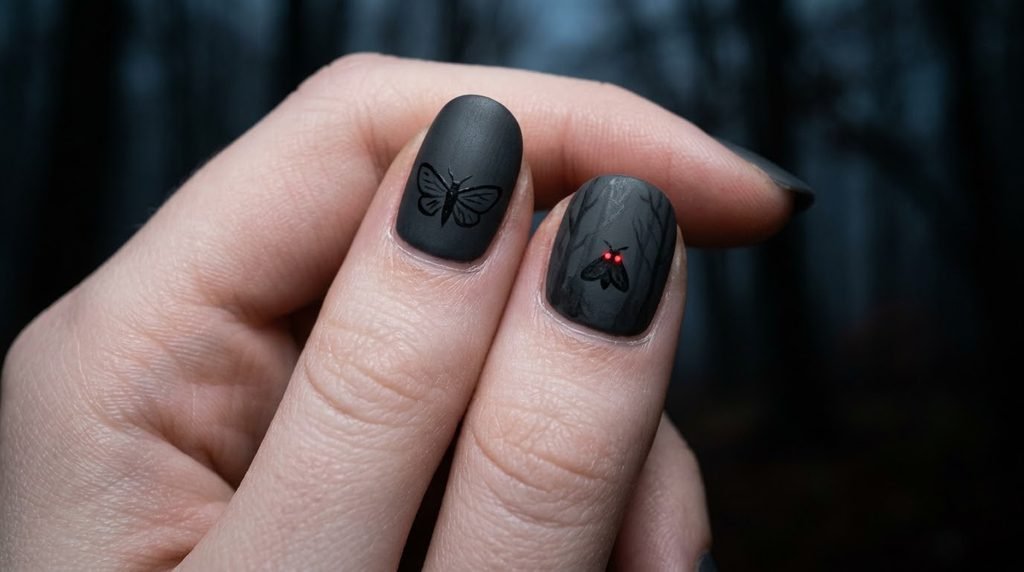 A macro close-up of two matte charcoal grey nails. One features a small moth silhouette with two tiny, intense glowing red dots on its head, set against an abstract dark forest background.