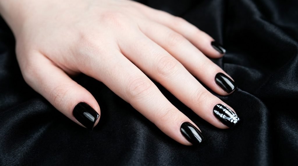 A close-up view of an 18-year-old female hand with smooth, very white skin and short nails, showing a ring finger with white skeleton art while the other nails are solid black, against a dark black satin background.