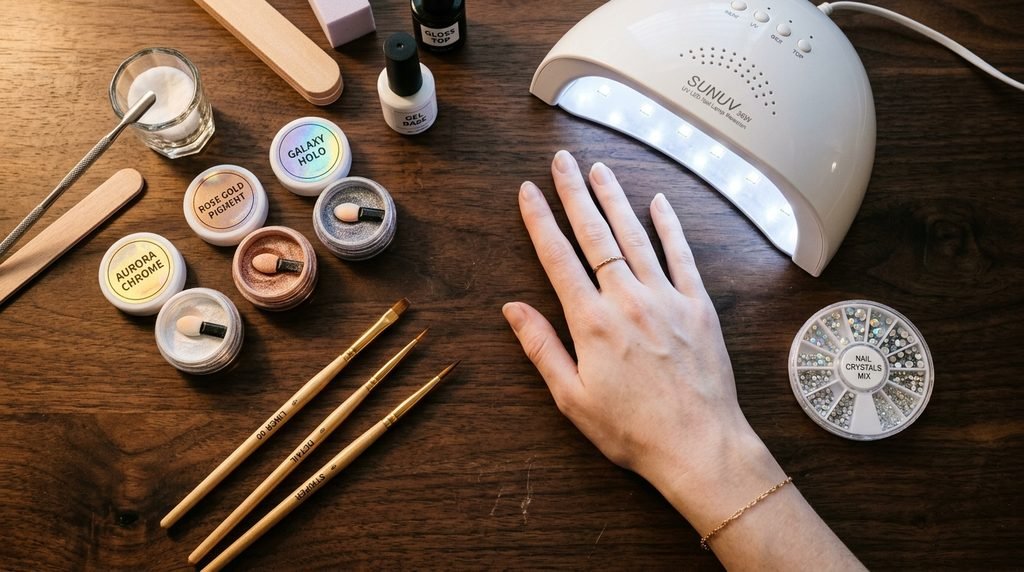 DIY nail art setup with gel lamp, chrome powder, brushes, and female hand with finished nails.
