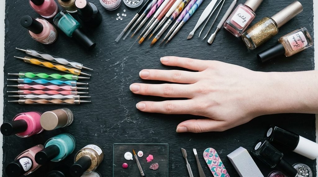 Nail art liner brushes and dotting tools laid out around a female hand with smooth white skin on dark slate.