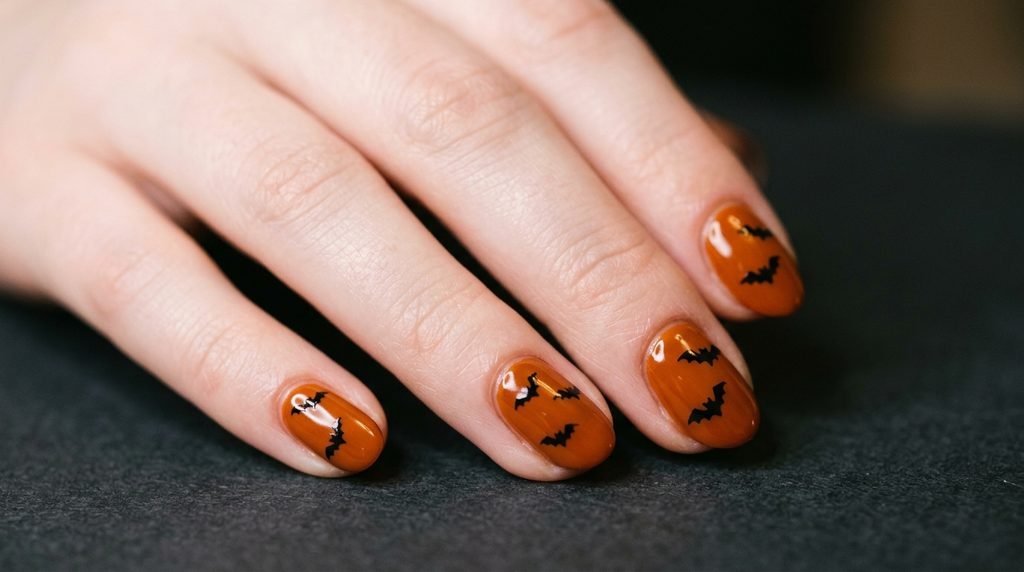 Short oval nails in  orange with delicate black micro bat art on a pale female hand against a charcoal backdrop.