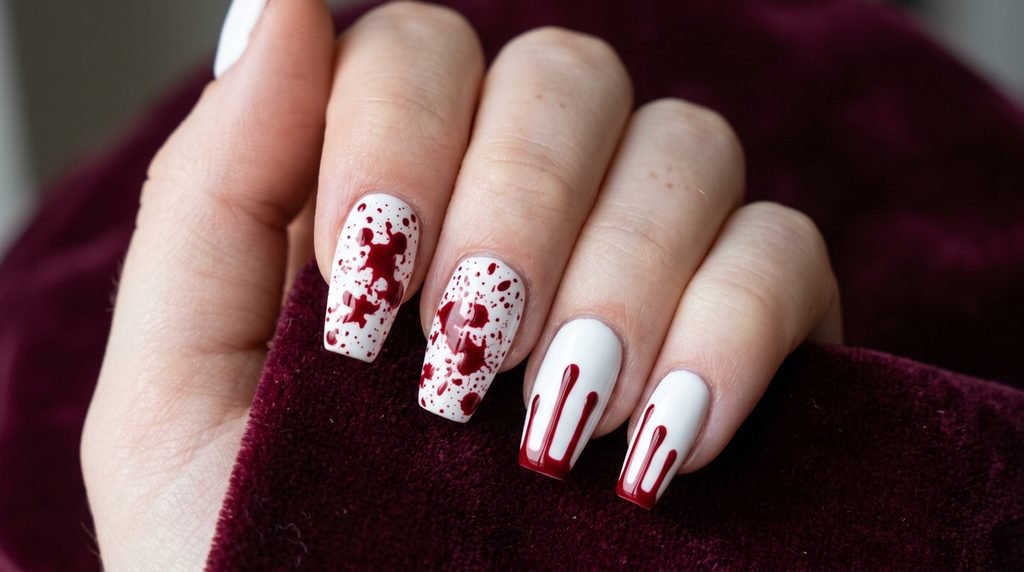 A close-up comparison shot of medium coffin nails on an 18-year-old female hand with white skin. Two nails show red blood splatter over white, and two nails show controlled red blood drips descending from the tips against a burgundy velvet background.