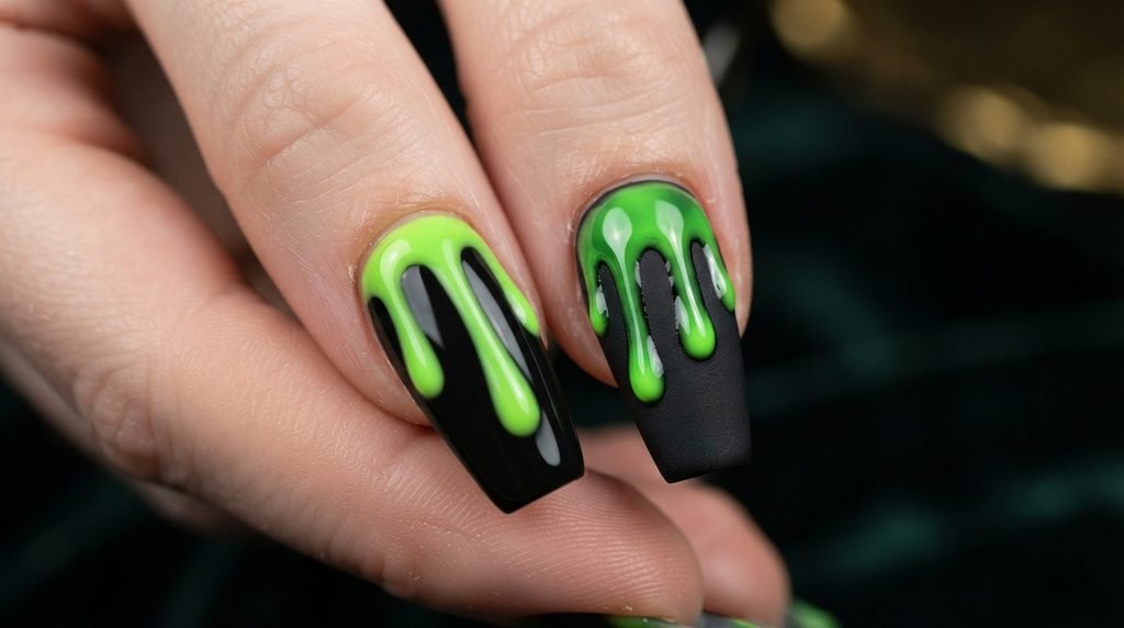 Macro close-up comparing one nail with full gloss over matte black, and another with matte base and only glossy drips.