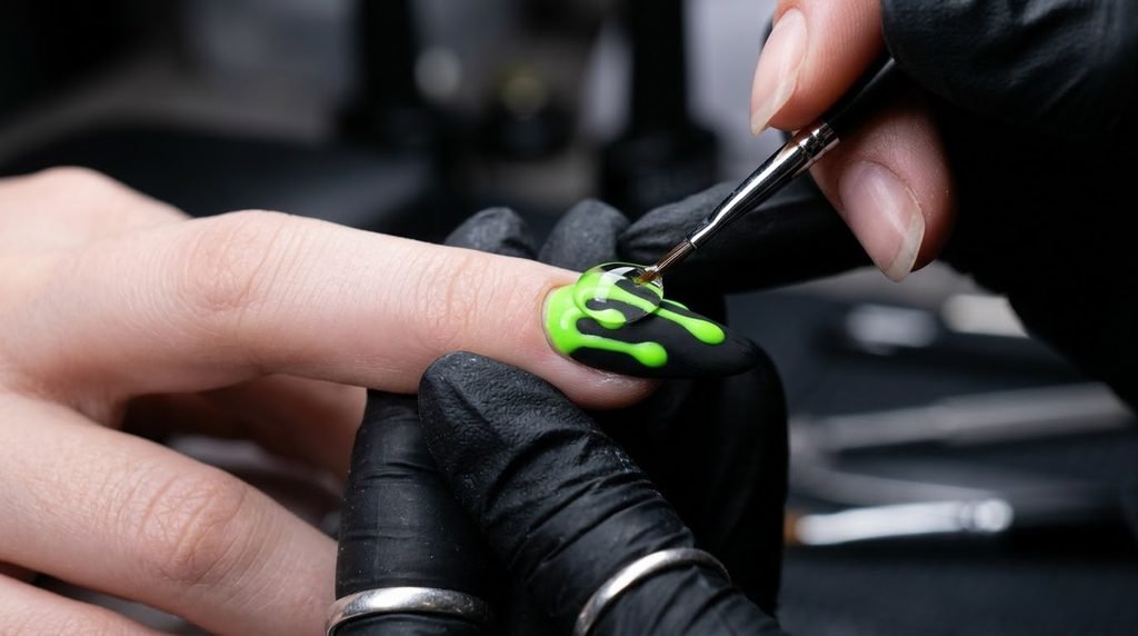 Macro shot of a nail artist applying thick builder gel with a liner brush to create a raised 3D slime drip on an almond nail.
