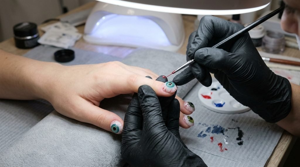 A close-up of a nail artist painting detailed red veins on a woman's pale index finger, which features a sculpted 3D gel eyeball, under clear salon lighting with a UV lamp nearby.