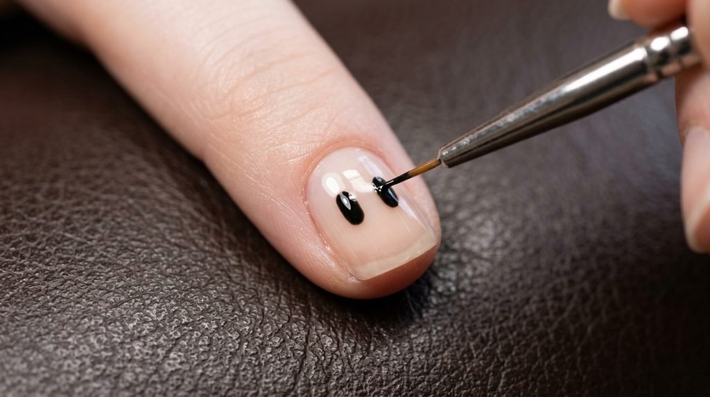 Detail brush drawing black oval ghost eyes on a short white nail over dark espresso leather.