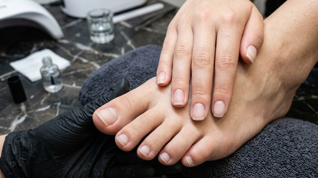 Macro view of neat clean natural nail beds on female hand and foot with white skin during salon prep.