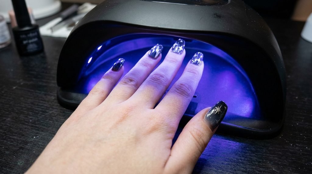 Gel polish step curing process on an 18-year-old female hand with white skin tone.
