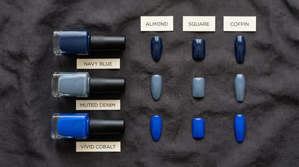 Flat lay displaying navy, denim, and cobalt nail polish bottles with shape swatches on linen.