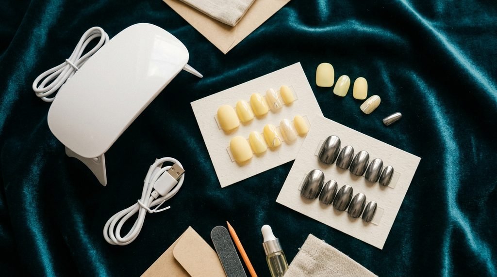 Press-on nail sets and LED lamp arranged on a dark teal velvet surface.