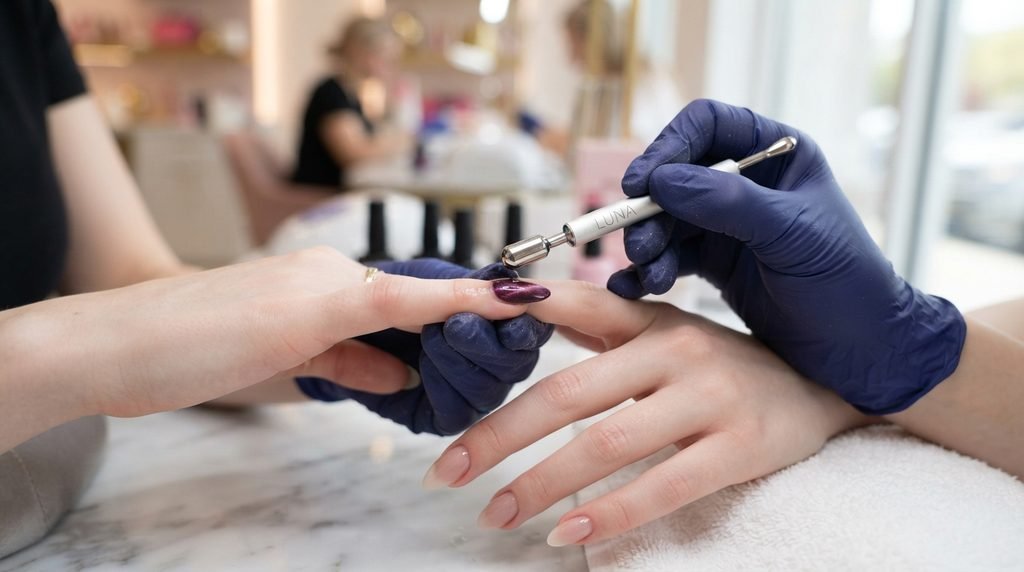 Two hands in a salon setting: a very white female hand, 18, with a perfect manicure, over a technician's hand using a magnetic wand.