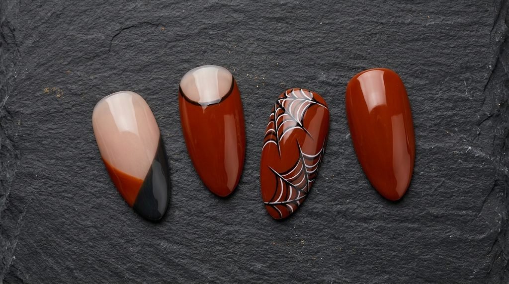 Nail swatches showcasing different  orange and black nail designs on a dark slate background.