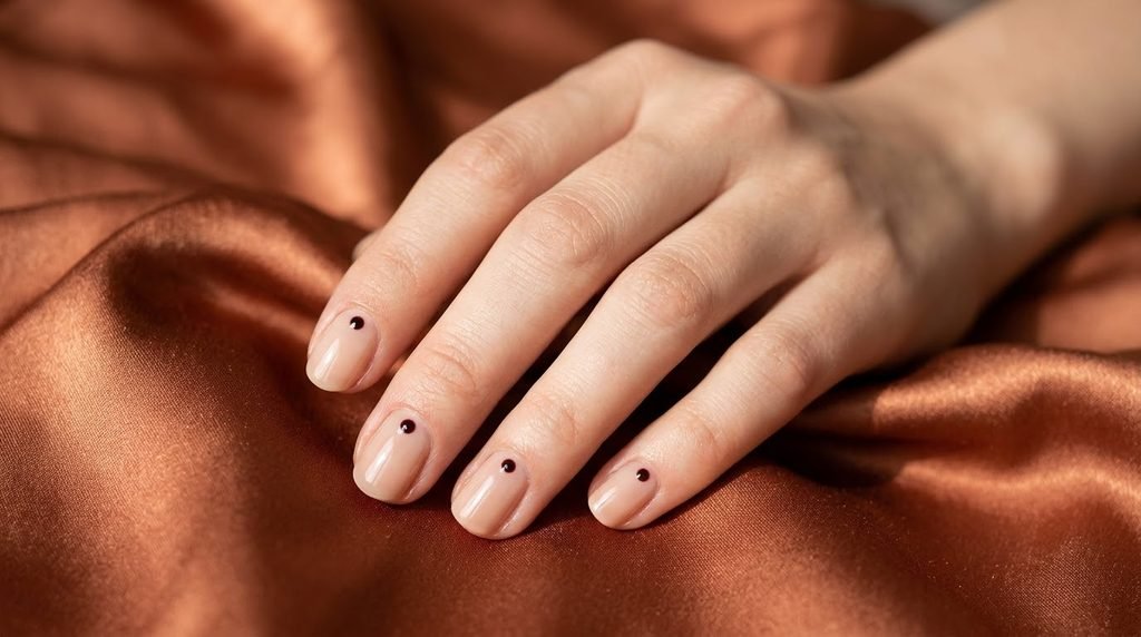 Short round nude nails featuring a single minimalist black cherry dot at each cuticle against copper silk.