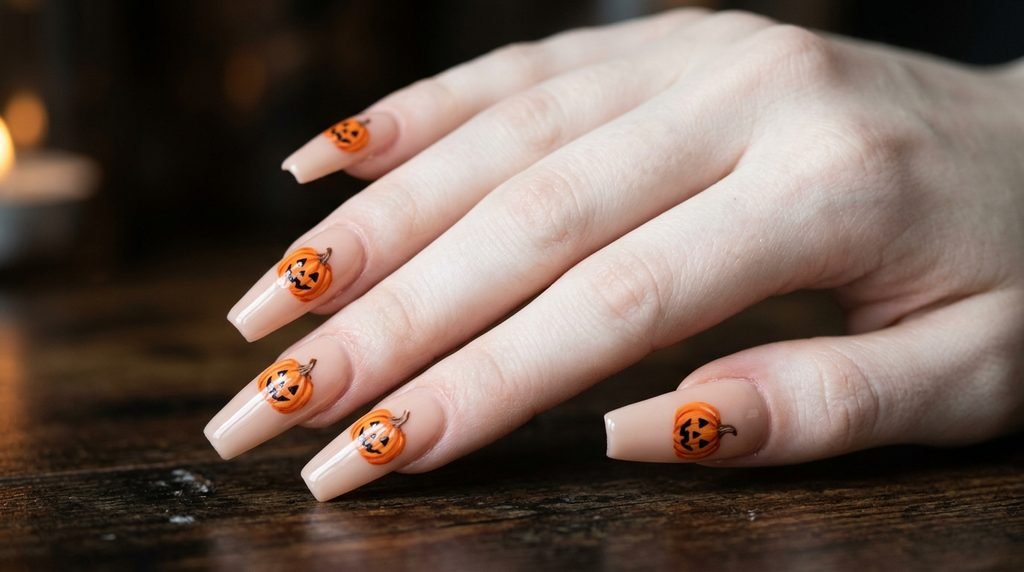 Single accent coffin nail with hand-painted orange jack-o'-lantern pumpkin face on nude base.
