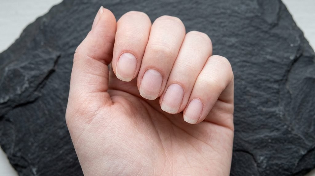 Prepped buffed natural nails on an 18-year-old pale female hand over dark slate.