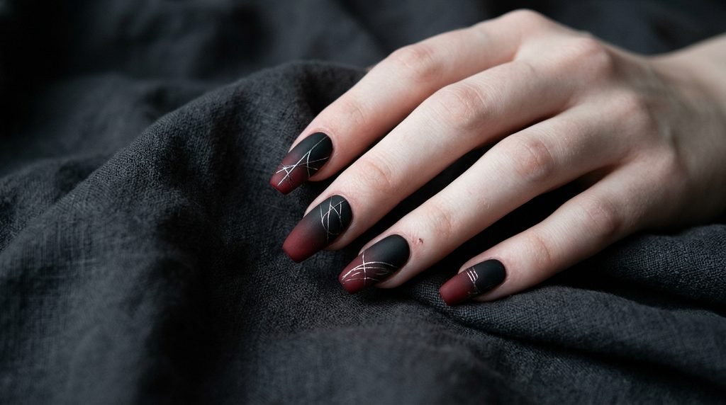 Matte red and black ombre nails with silver wire details on an 18-year-old female hand.