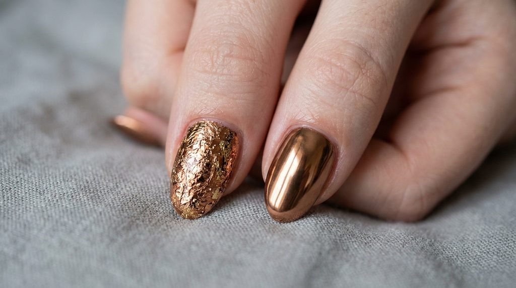 Comparison of bronze foil leafing and liquid bronze chrome on matte teal nails, fair white skin.