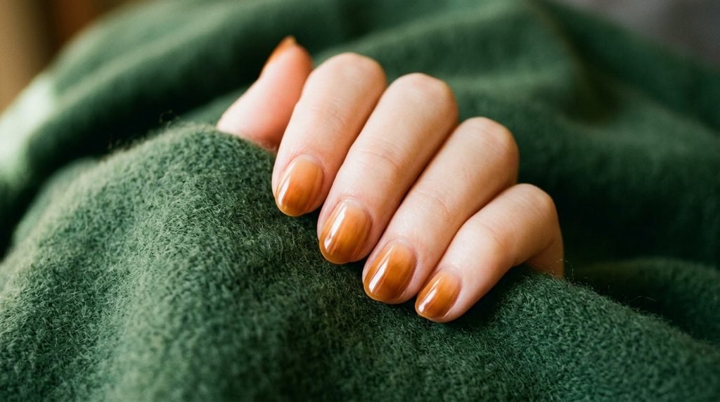 Round honey caramel syrup nails on fair-skinned hand resting over forest green cashmere.