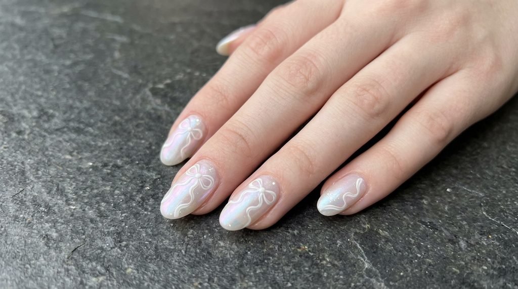 Pearlescent ribbon nails with white line art detailing.