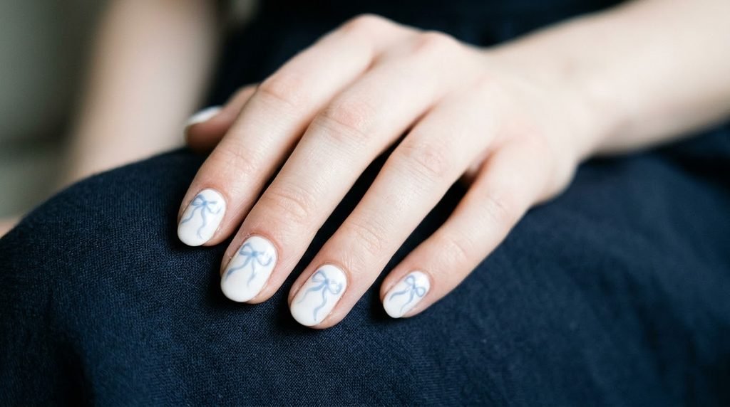 Powder blue ribbon nail art on short oval manicured nails.