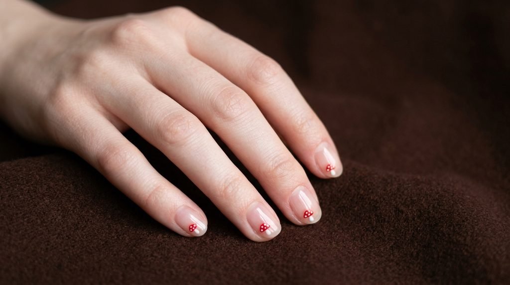 Translucent clear nude nails with micro mushroom paintings near cuticles on an eighteen year old hand with white skin.