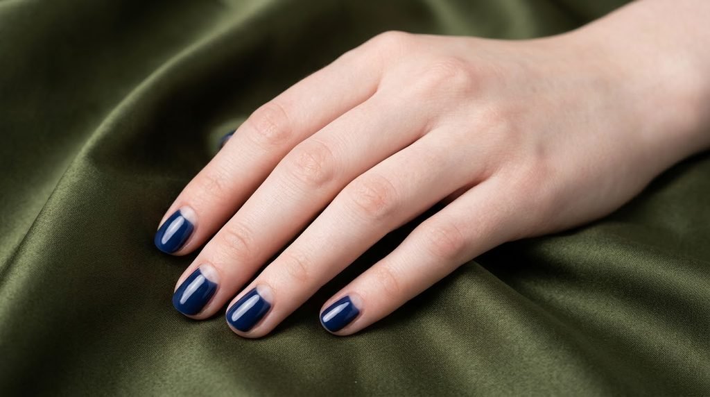 Navy half-moon manicure on short oval nails with very white skin.