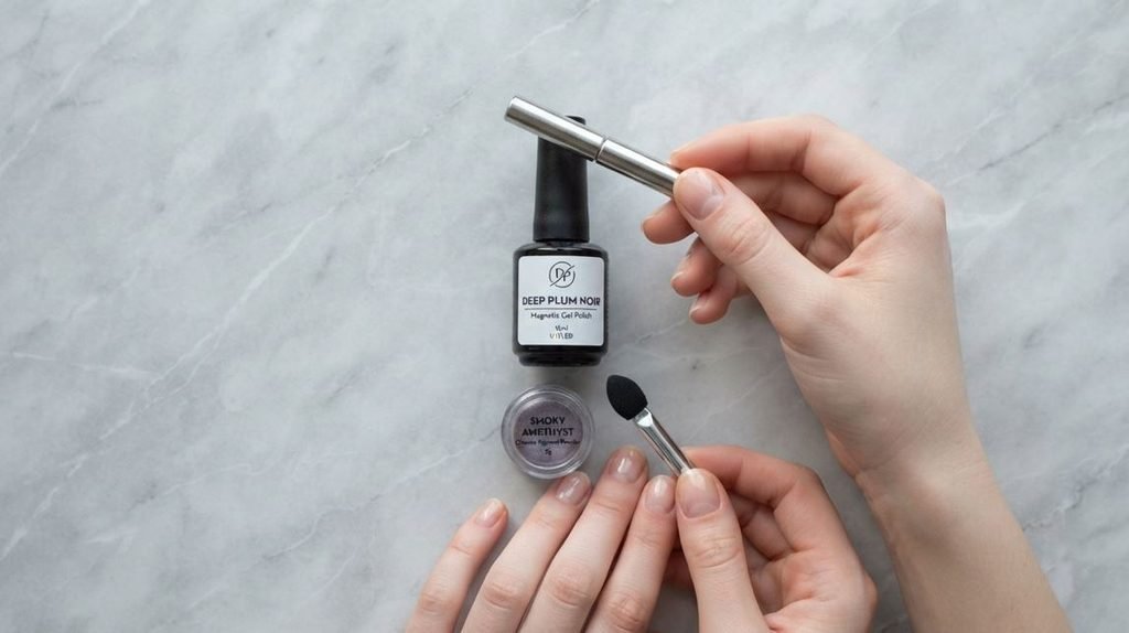 Flat lay showing magnetic gel, magnetic wand, chrome pigment, and applicator, held by clean very white female fingers on a marble background.