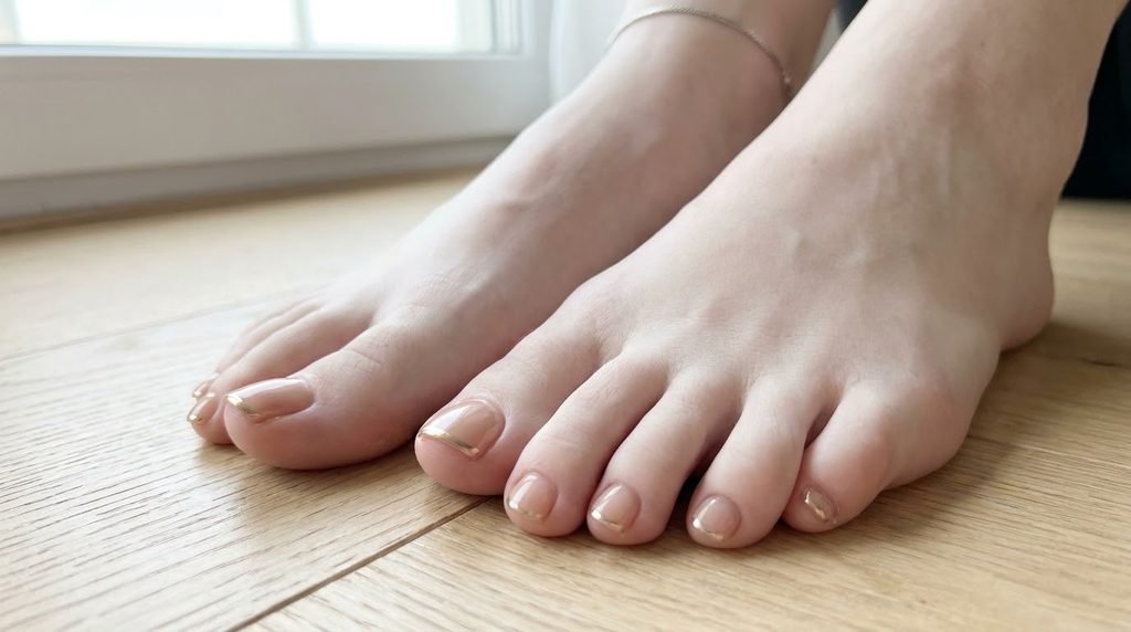 Clean squoval toenails on fair feet featuring micro gold French tips.