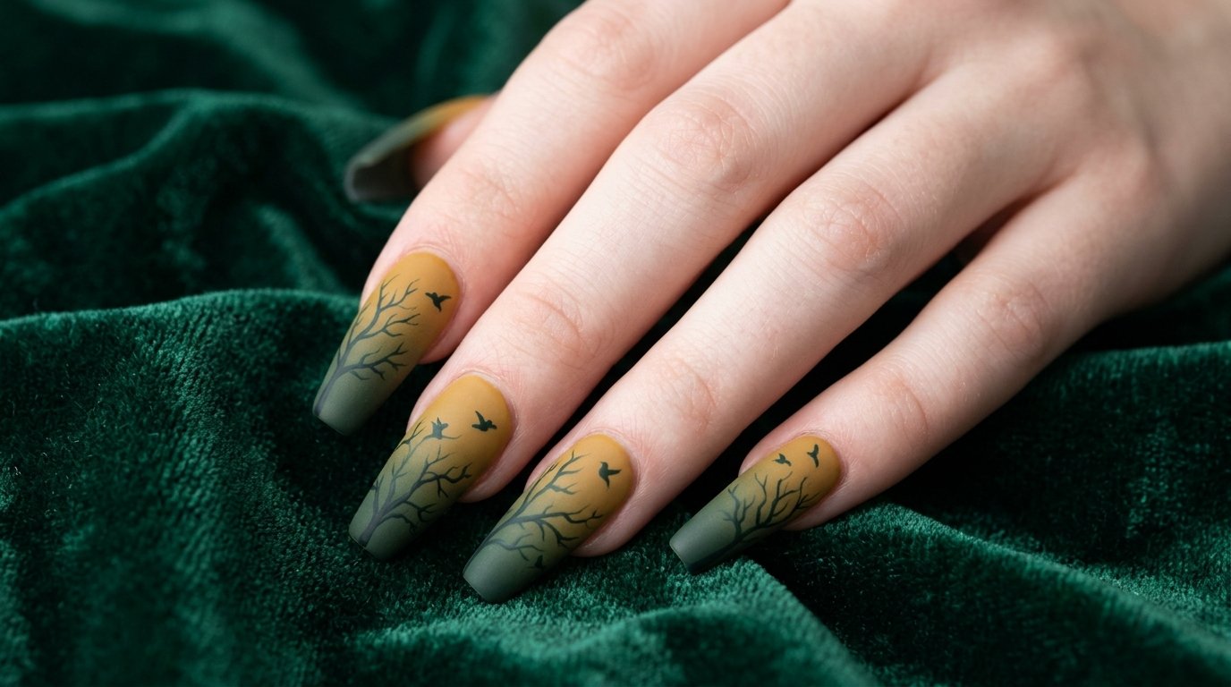 Close-up of coffin nails with mustard and olive ombre featuring hand-painted forest green tree branches.