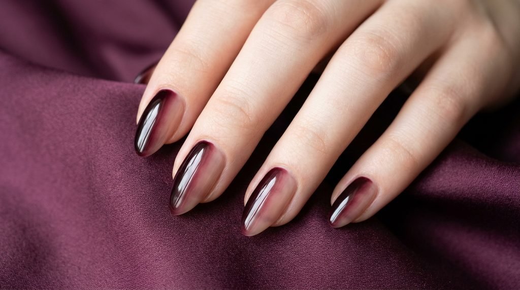 Vertical ombré nails blending from opaque black cherry to sheer nude against a plum silk backdrop.