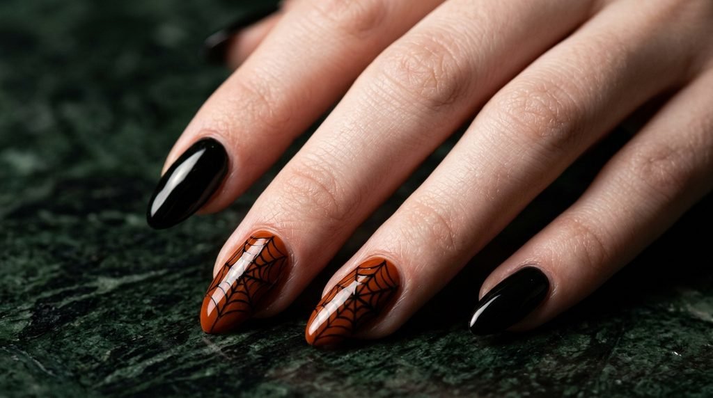 Detailed shot of  orange nails featuring delicate black spiderweb line art on an 18-year-old pale female hand.