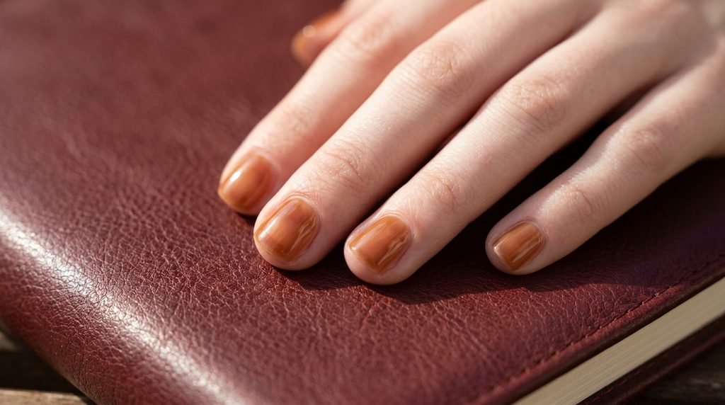 Short natural nails with translucent maple brown polish on fair skin resting over a burgundy leather backdrop.