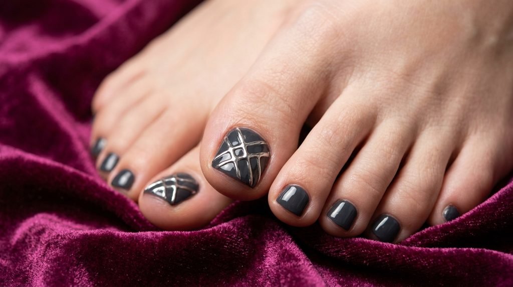 Charcoal grey big toenail featuring raised 3D silver chrome lines on white skin over dark magenta velvet.