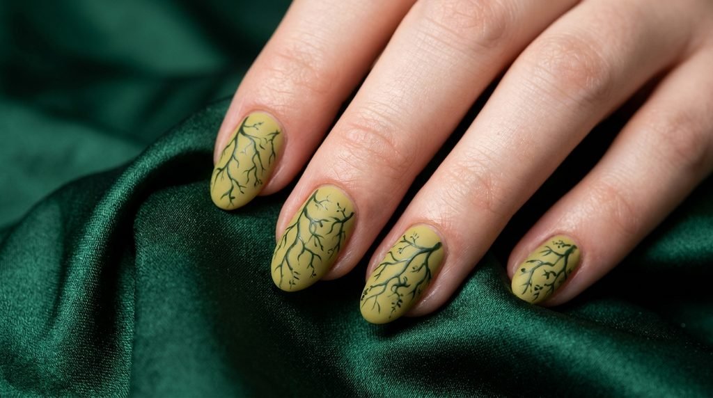 Detailed macro shot of hand-painted dark green tree branches on a green nail.