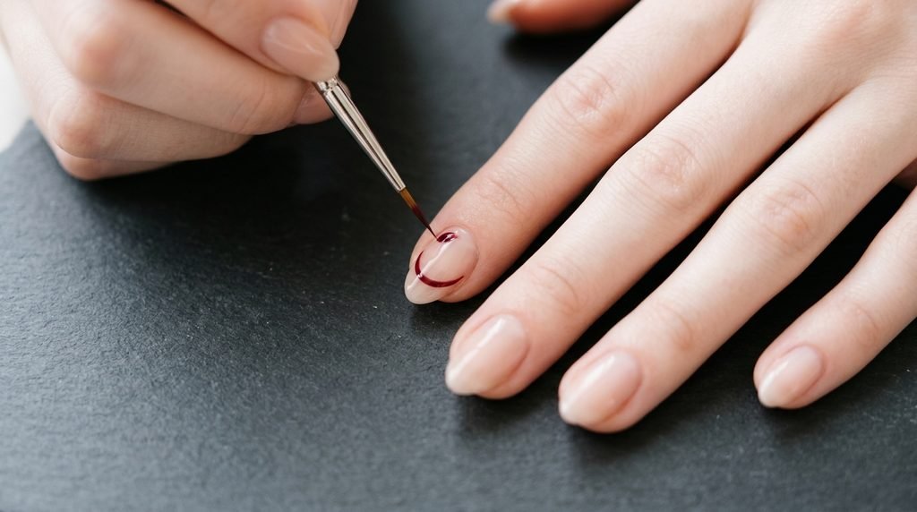 Female hand using a fine nail art liner brush to paint a burgundy floating line on a sheer nail.