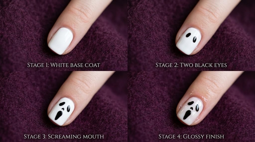 Four step visual guide of painting ghost nails over dark plum purple wool.