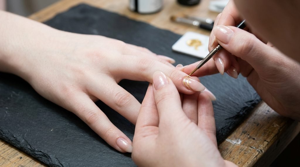 Close-up of fine liner brush applying a double gold French tip line onto a sheer almond nail.