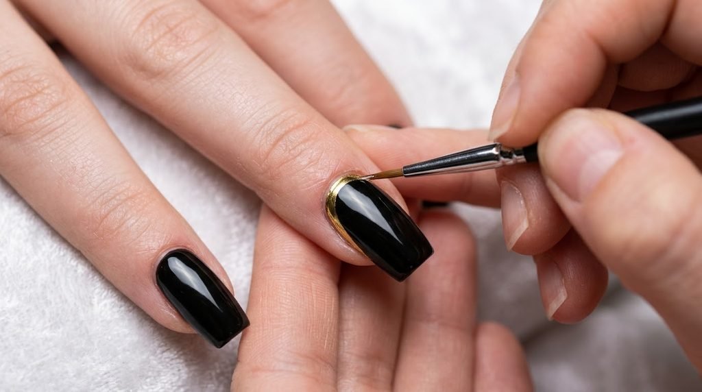 Extreme close-up of two square black nails with a professional fine-liner brush precisely refining a gold chrome cuticle line.