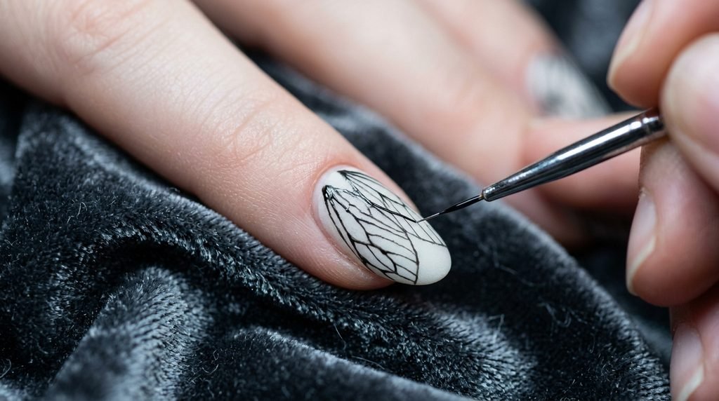 A macro close-up showing an ultra-fine nail art brush barely touching a matte white fingernail to create a precise, thin black line, set against dark pewter velvet.
