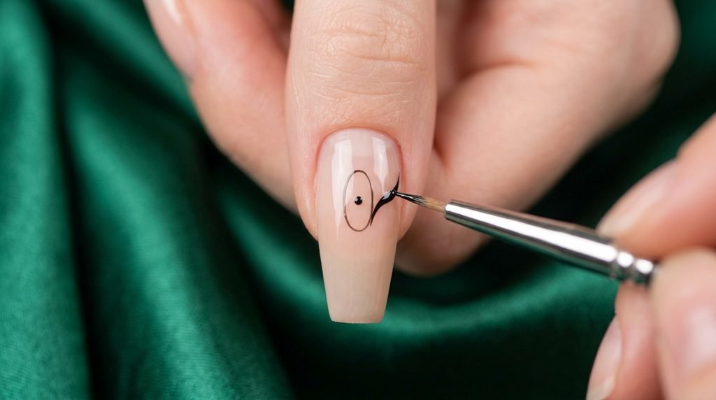 An extreme close-up of a nail on very white skin showing the initial black dot and body lines of a moth design, with a fine brush tip visible against emerald green silk.