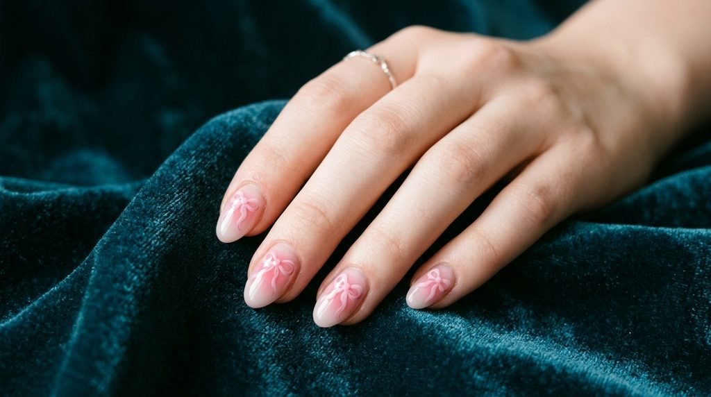 Soft baby pink ribbon nail art on short almond nails.