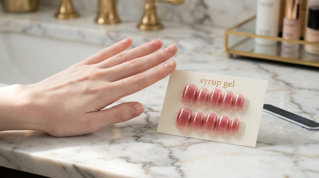 Syrup gel press-on nail tips displayed beside fair female hand on marble counter.