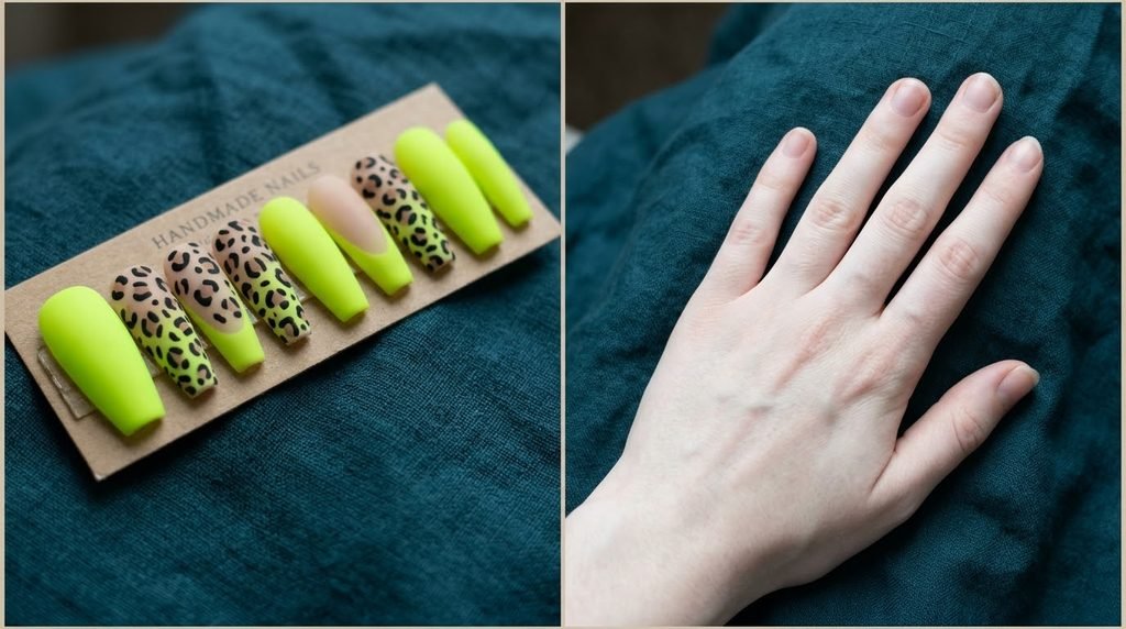 Custom matte neon chartreuse press-on coffin nails next to an 18-year-old hand with very white skin on dark teal.