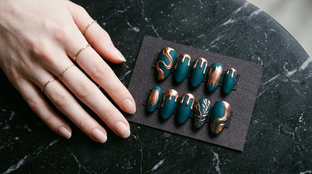 Hand-painted matte teal and copper press-on nails resting on dark marble next to an 18-year-old female hand with very white skin.