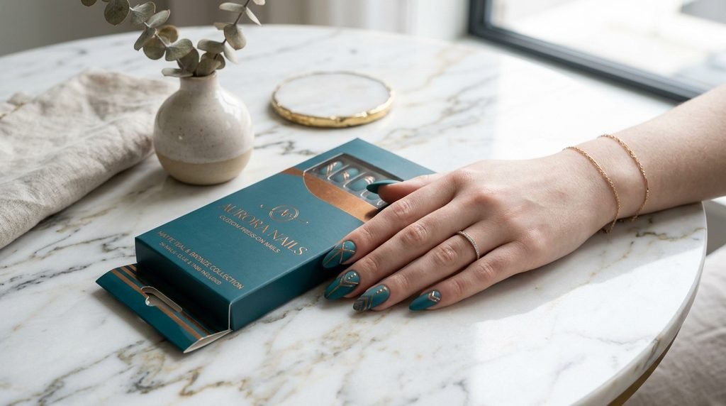 Package of matte teal press-on nails beside a female hand with soft white skin.