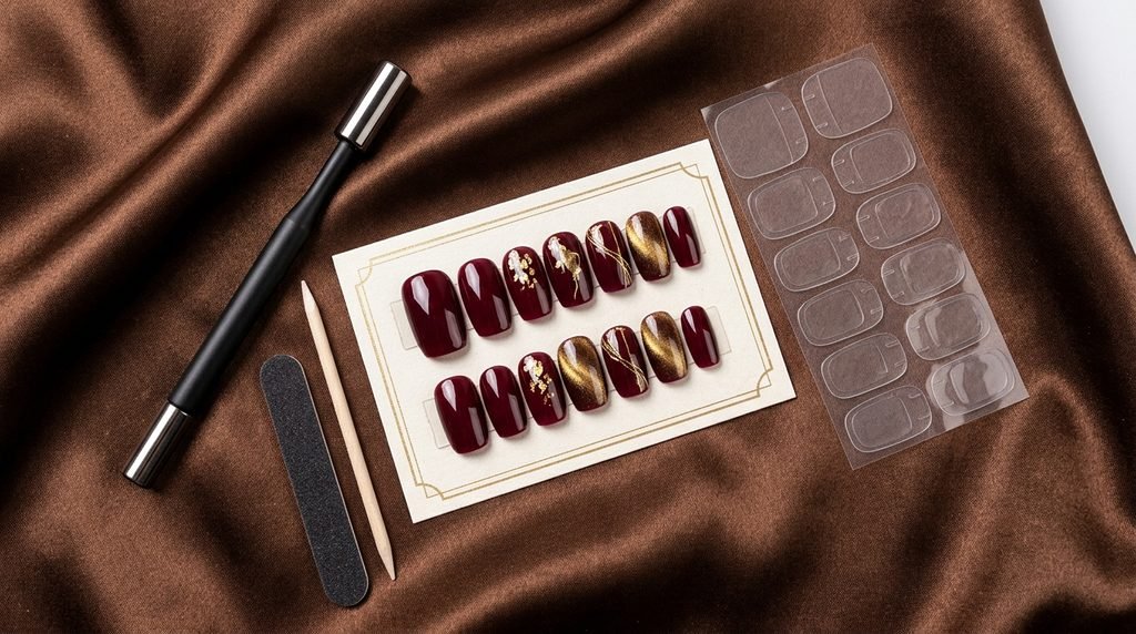 Merlot press-on nails and magnet tool displayed on dark bronze satin cloth.