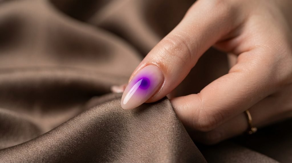 Macro view of purple gel blooming into an aura circle on an almond nail.