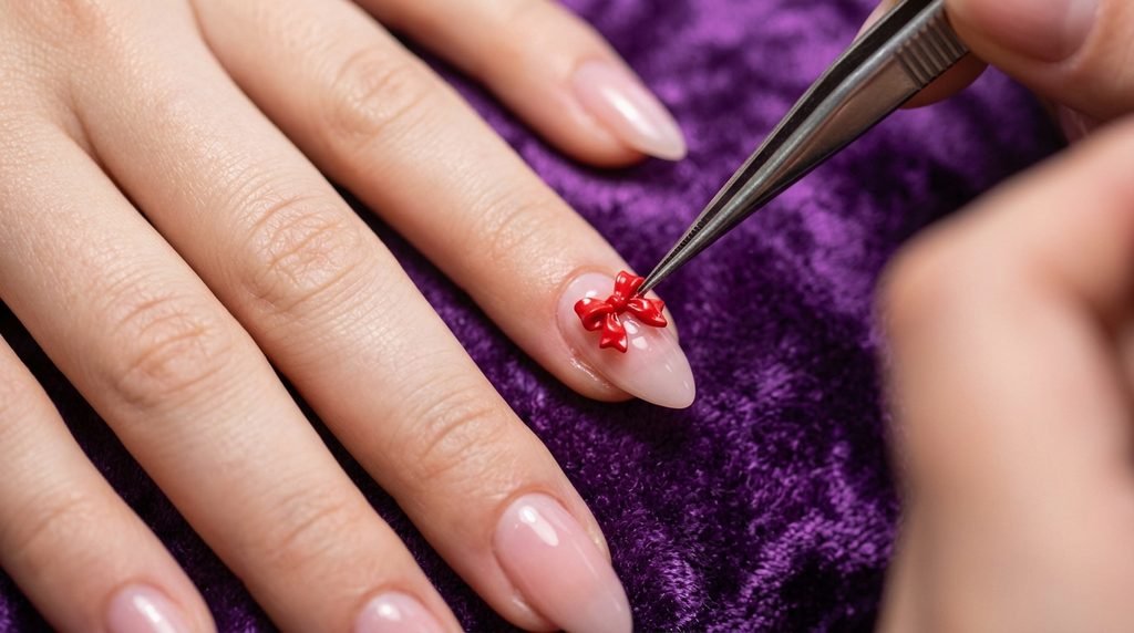 Placement of a small red 3D bow charm onto a white almond nail.