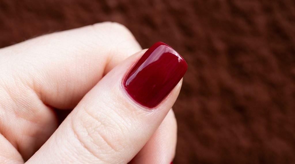Macro close-up of flawless cuticle line with deep cherry red gel polish.